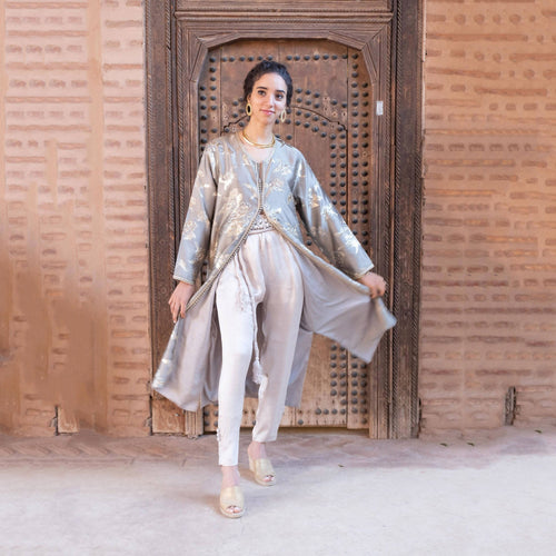 MyTindy Floral Embroidered Organza Silk Coat Kaftan