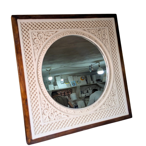 MyTindy Framed Hand-Carved Moroccan Plaster Wall Mirror, Floral Design