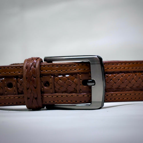 MyTindy Genuine brown plaited leather belt for men