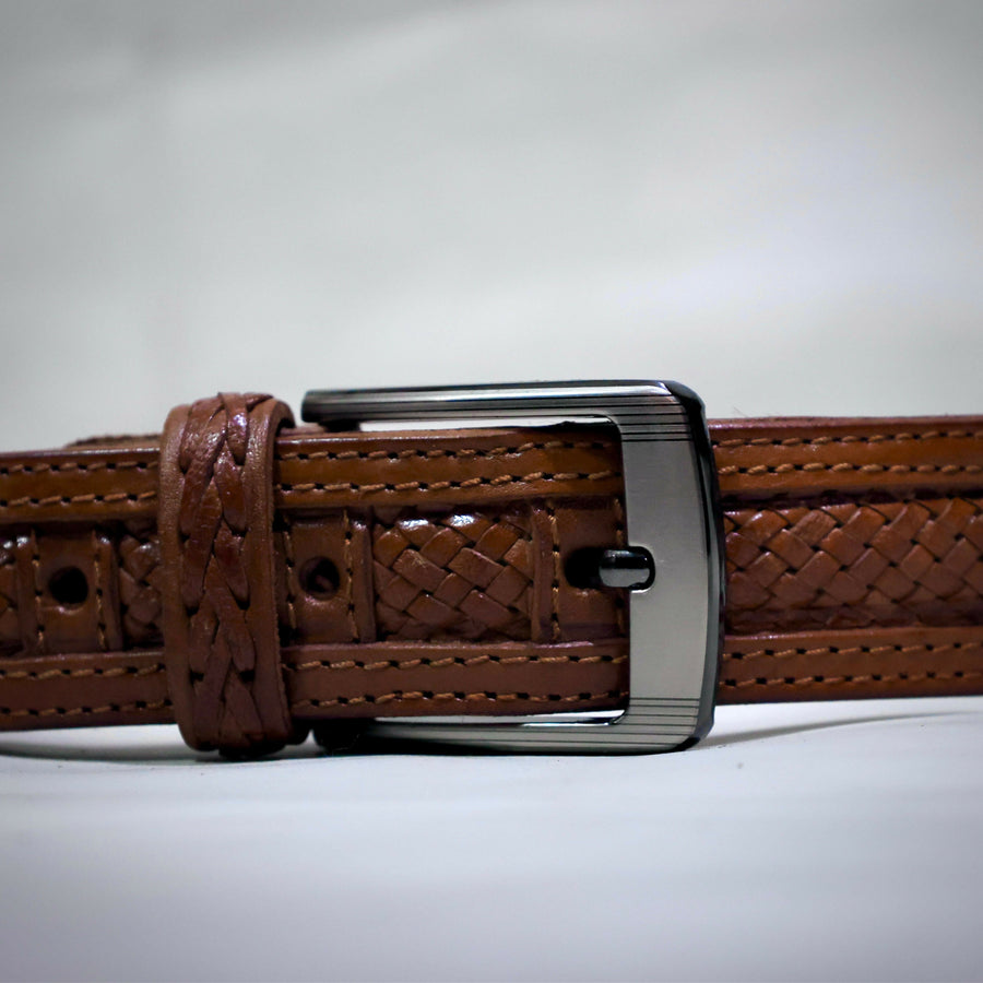 MyTindy Genuine brown plaited leather belt for men