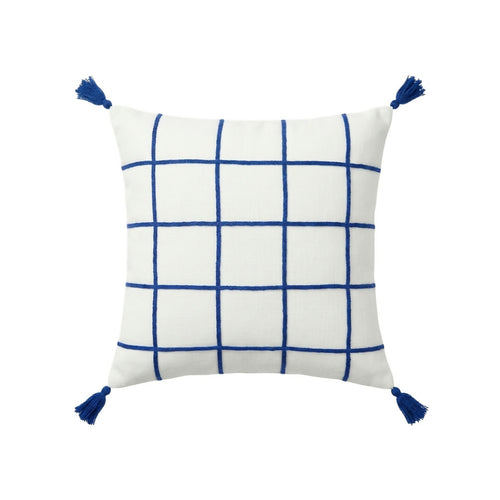 MyTindy Geometric Embroidered Grid Cushion with Corner Tassels – 40x40cm Cotton Throw Pillow