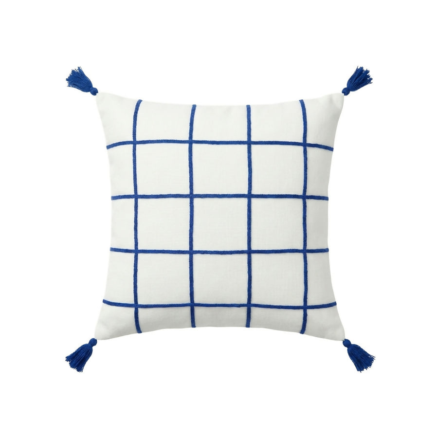 MyTindy Geometric Embroidered Grid Cushion with Corner Tassels – 40x40cm Cotton Throw Pillow
