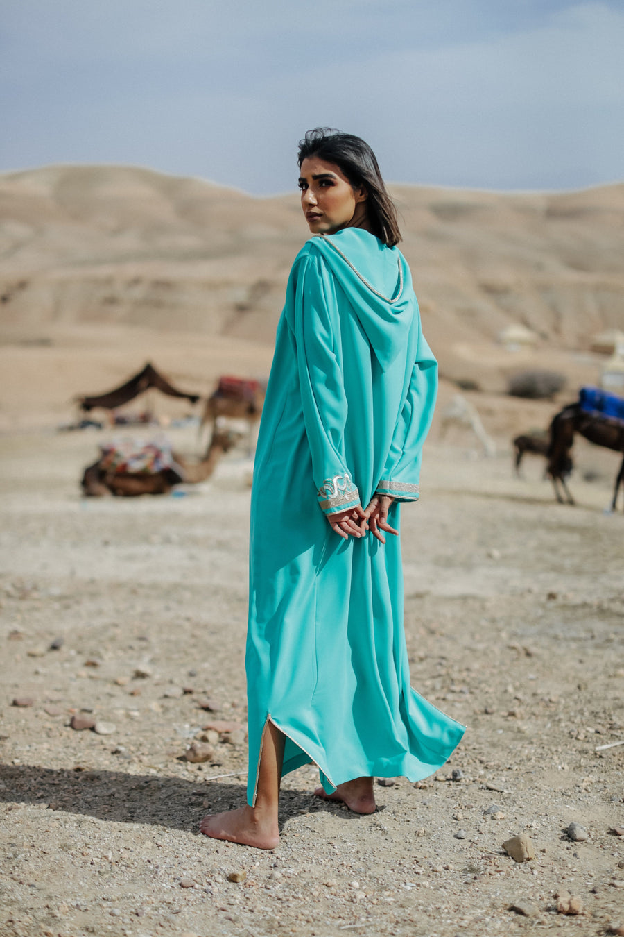 MyTindy Gold and Aqua Djellaba Moroccan Dress