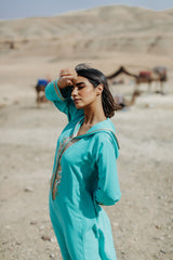 MyTindy Gold and Aqua Djellaba Moroccan Dress, view 3