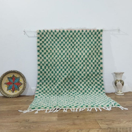 MyTindy Green Handmade Rug, Green Checkered Rug - Berber style wool rug from Morocco - Modern rug