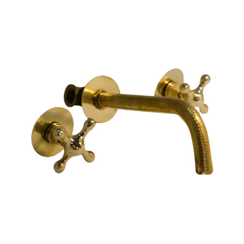 MyTindy Hammered Wall Mount Bathroom Vanity Sink, Unlacquered Brass Faucet With Cross Handles