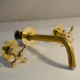 MyTindy Hammered Wall Mount Bathroom Vanity Sink, Unlacquered Brass Faucet With Cross Handles, view 2