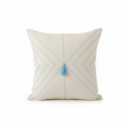 MyTindy Hand-Embroidered Beige Cotton Cushion – Blue Geometric "DMC" Stitching (40x40 cm)