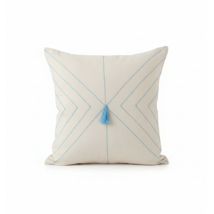 MyTindy Hand-Embroidered Beige Cotton Cushion – Blue Geometric "DMC" Stitching (40x40 cm)