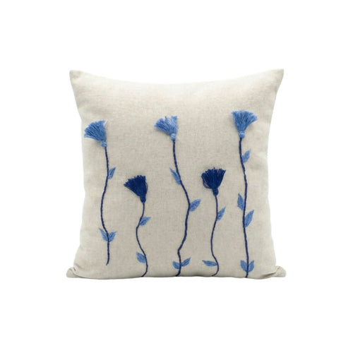 MyTindy Hand-Embroidered Blue Floral Tassel Cushion – Natural Linen Throw Pillow
