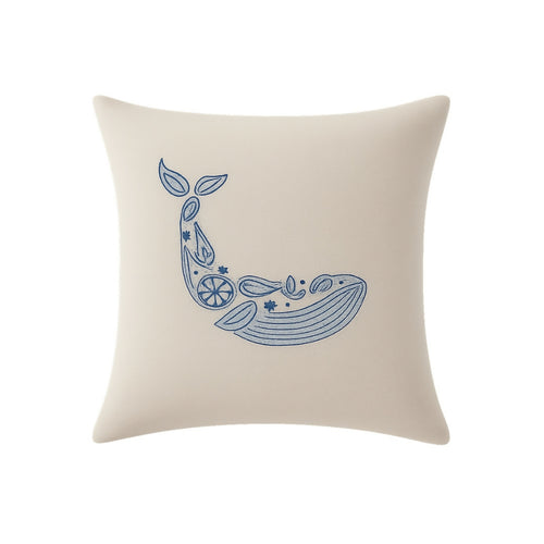 MyTindy Hand-Embroidered Blue Whale Decorative Cushion – 100% Natural Beige Cotton Canvas (40x38 cm)