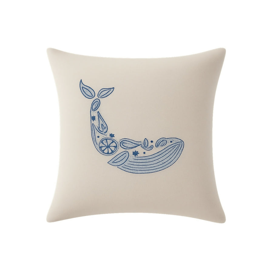 MyTindy Hand-Embroidered Blue Whale Decorative Cushion – 100% Natural Beige Cotton Canvas (40x38 cm)
