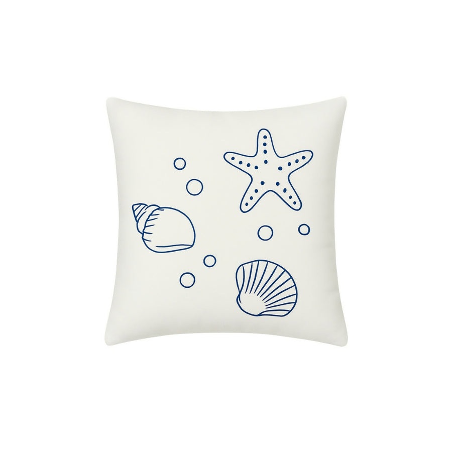 MyTindy Hand-Embroidered Coastal Sea Life Cushion – Starfish & Shells Design on White Fabric