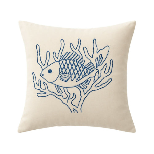 MyTindy Hand-Embroidered Fish & Coral Decorative Cushion – 100% Natural Beige Canvas (40x40 cm)