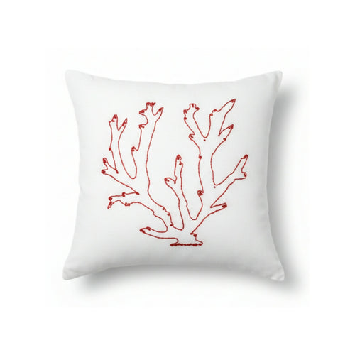 MyTindy Hand-Embroidered Natural Cotton Coral Pillow - White & Terracotta