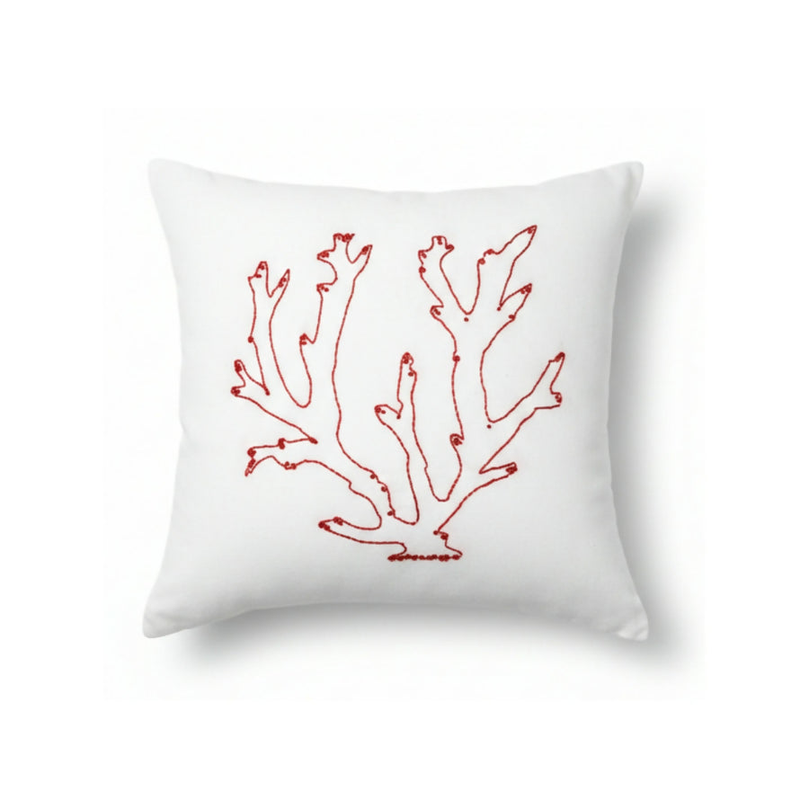 MyTindy Hand-Embroidered Natural Cotton Coral Pillow - White & Terracotta