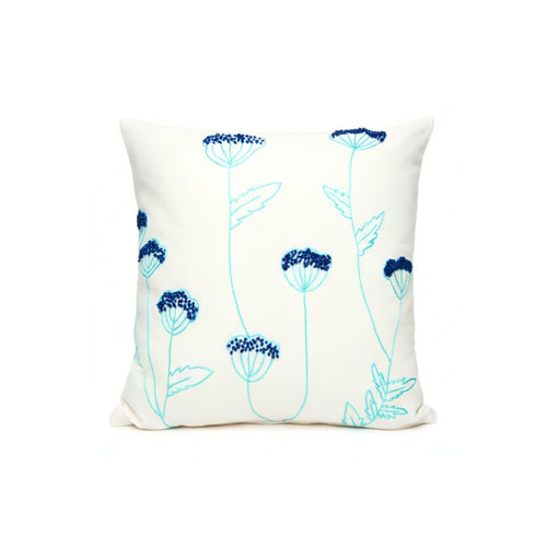 MyTindy Hand-Embroidered Natural Fiber Cushion – Blue Floral Botanical Motif