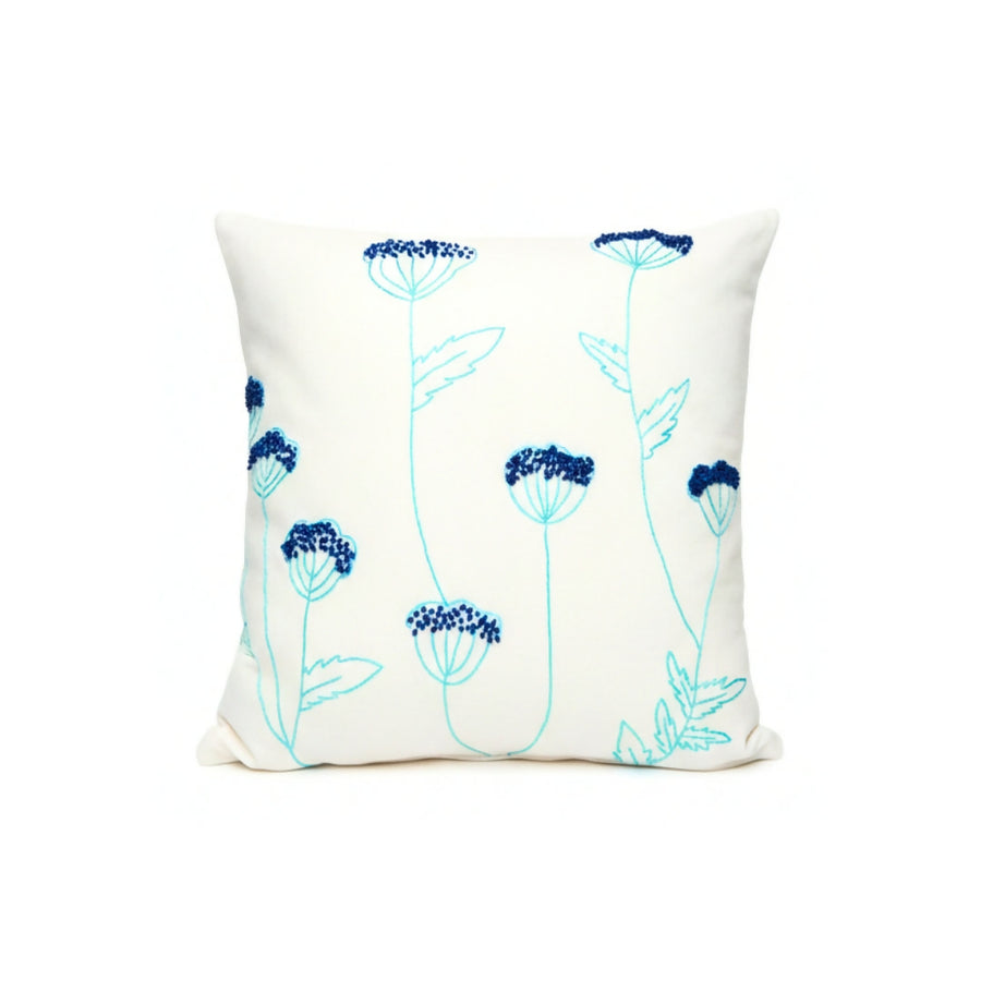 MyTindy Hand-Embroidered Natural Fiber Cushion – Blue Floral Botanical Motif
