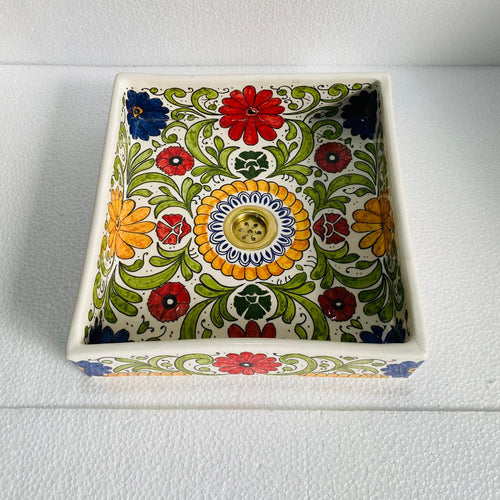MyTindy Hand-Painted Moroccan Floral Bathroom Sink – Square Ceramic Vessel Basin