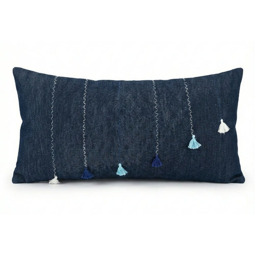 MyTindy Indigo Denim Lumbar Pillow with Embroidered Lines & Tassel Accents