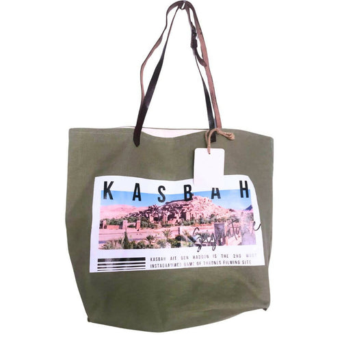 MyTindy Khaki Linen Tote Bag Kasbah Ait Ben Haddou