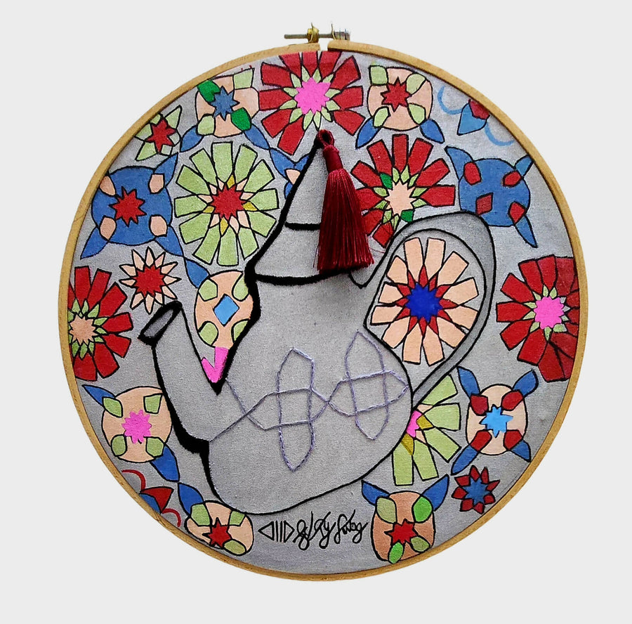 MyTindy Moroccan Teapot Embroidered & Painted Wall Hoop