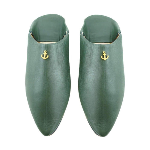 MyTindy Men's Moroccan Slipper in Khaki Leather with anchor