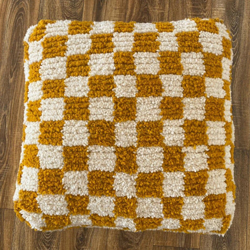 MyTindy Moroccan Berber Square White & Creamy Brown Checkered Pouf Ottoman