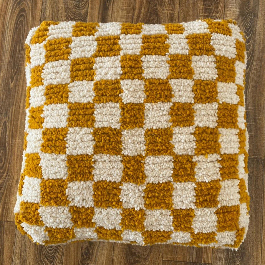 MyTindy Moroccan Berber Square White & Creamy Brown Checkered Pouf Ottoman
