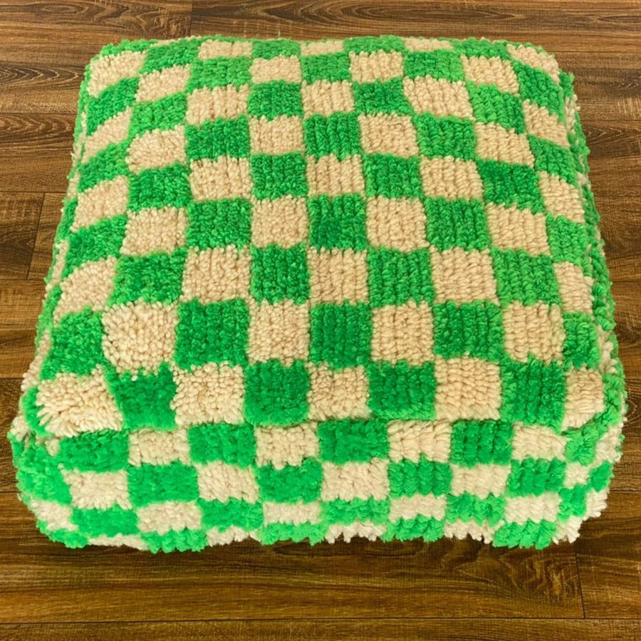 MyTindy Moroccan Berber Square White & Green Checkered Pouf Ottoman