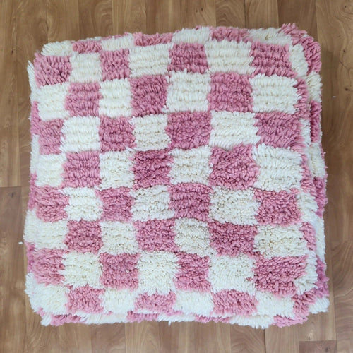 MyTindy Moroccan Berber Square White & Pink Checkered Pouf Ottoman