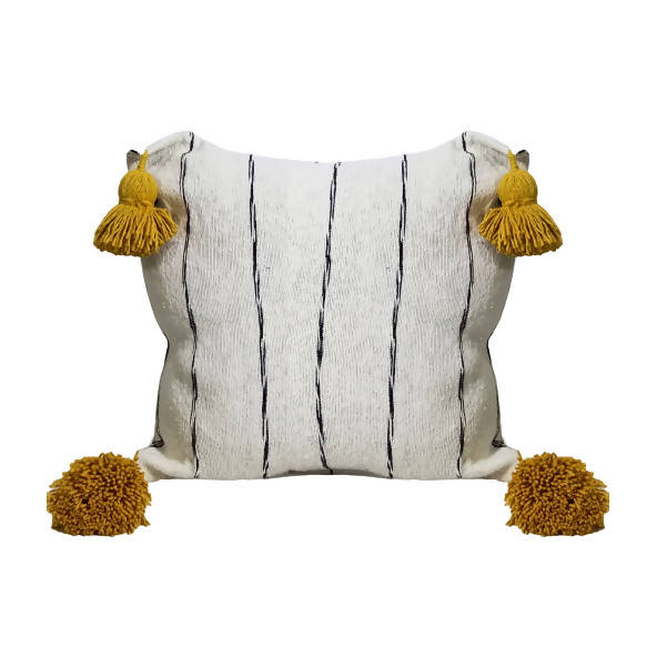 MyTindy Moroccan Black and White Pillow with Yellow Pompoms