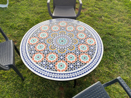 MyTindy Moroccan dining table round made from mosaic and tiles 100% Handcrafted It for outdoor and indoor, Mosaic table works for beach house too
