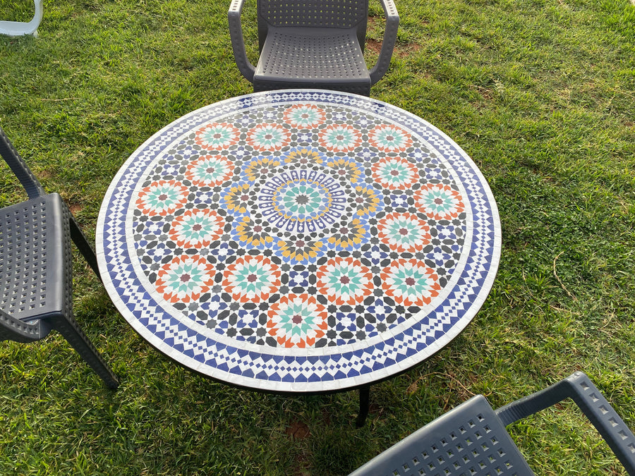 MyTindy Moroccan dining table round made from mosaic and tiles 100% Handcrafted It for outdoor and indoor, Mosaic table works for beach house too
