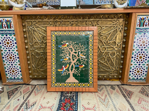 MyTindy Moroccan Green mosaic wall hanging with wooden frame, small mosaic pieces birds on a tree, wall mosaic decor mosaic art  , tiles clay wall art