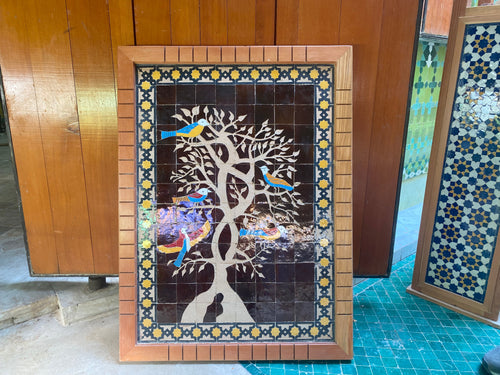 MyTindy Moroccan Black mosaic wall hanging with wooden frame, small mosaic pieces birds on a tree, wall mosaic decor mosaic art  , tiles clay wall art