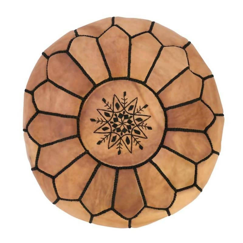 MyTindy Moroccan leather Pouf , Natural With Black Stitchin