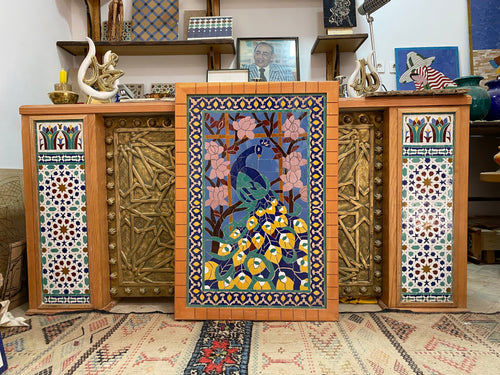MyTindy Moroccan mosaic peacock wall hanging with wooden frame, small mosaic pieces peacock , wall mosaic decor mosaic art  , tiles clay wall art