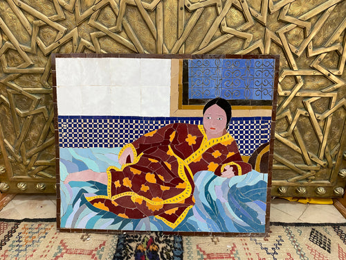 MyTindy Moroccan mosaic wall hanging with Metal frame, small mosaic pieces Moroccan woman art work , wall mosaic decor mosaic art , tiles clay wall