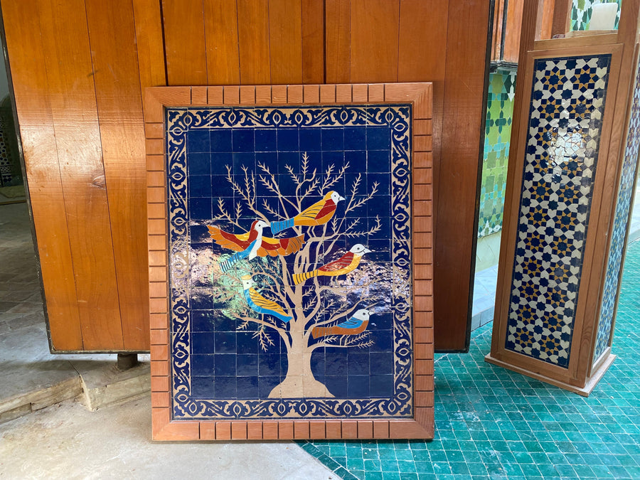 MyTindy Moroccan mosaic wall hanging with wooden frame, small mosaic pieces birds on a tree, wall mosaic decor mosaic art , tiles clay wall art