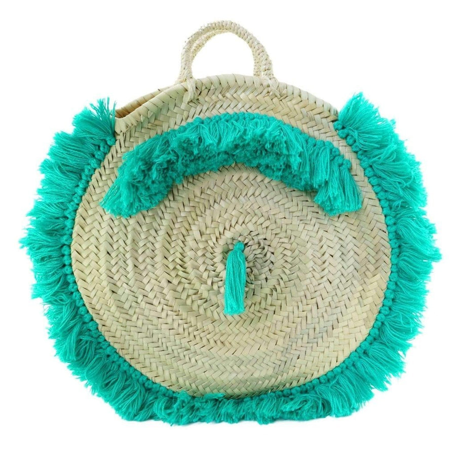 MyTindy Moroccan Round Wicker Tote Bag with Green Fringes