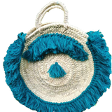 MyTindy Moroccan Round Wicker Tote Bag with Green Fringes, view 2