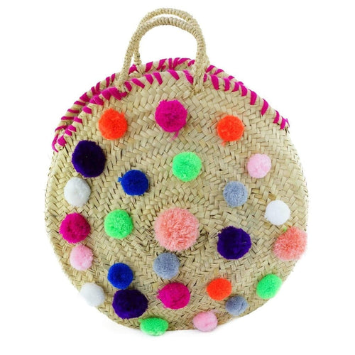 MyTindy Moroccan Round Wicker Tote Bag with Pompom