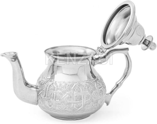 MyTindy Moroccan Serving TeaPot Handmade Of Brass Silver Plated Hand Carved In Fes Morocco (8 Oz without Legs)