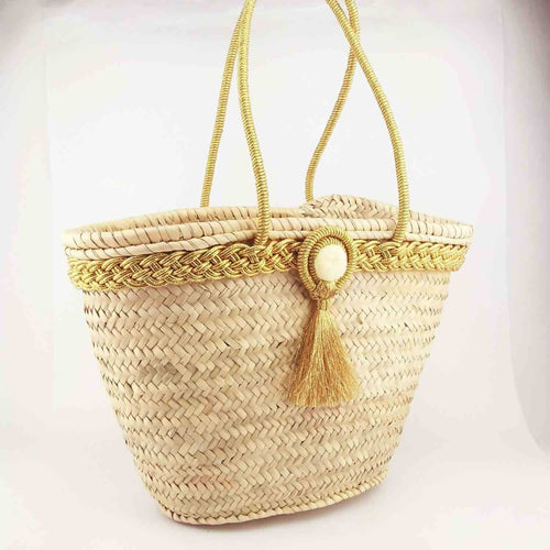 MyTindy Moroccan Straw Bag Tote Basket with Gold Pompom