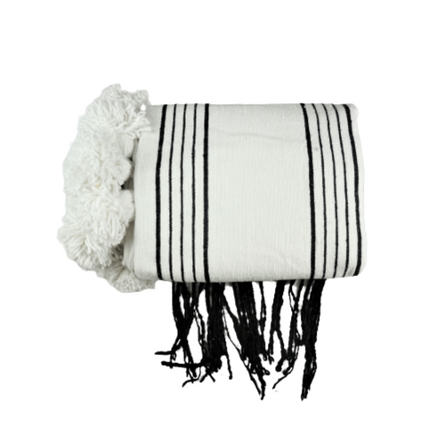 MyTindy Moroccan White Blanket With Black Stripes