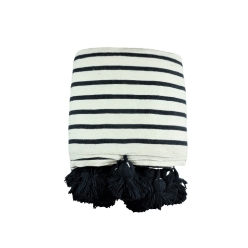 MyTindy Moroccan White Blanket With Dark Blue Stripes