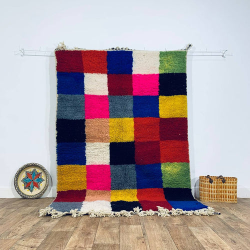 MyTindy Multicolored Handmade Rug, Multicolor Checkered Rug - Berber style wool rug from Morocco - Modern rug