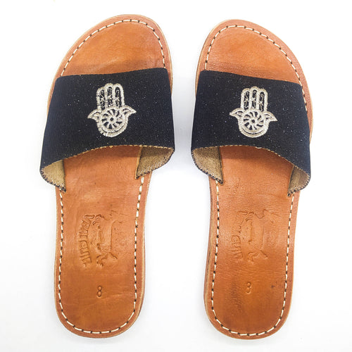 MyTindy Real Leather Black Sandals with Hamsa Embroidered