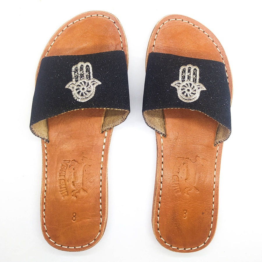 MyTindy Real Leather Black Sandals with Hamsa Embroidered